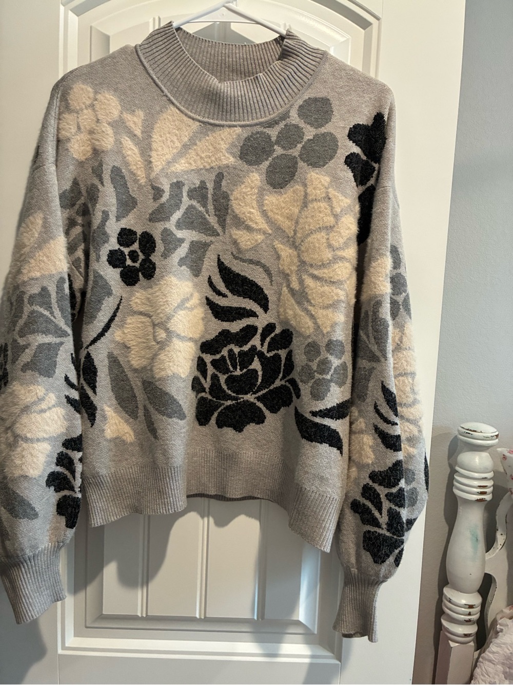 Truth Gray Floral Jacquard Crewneck Sweater with Cream & Black Accents